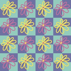 Groovy Retro Checkerboard Seamless Pattern, Vibrant Mid-Century Floral Grid, Pink Yellow and Teal Vintage Textile Background.