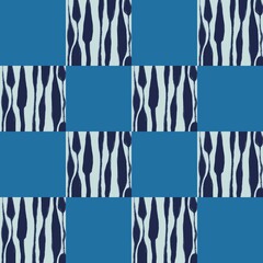 Modern Indigo Checkerboard Seamless Pattern, Abstract Brushstroke Stripe Background, Minimalist Blue Geometric Textile and Wallpaper Design.