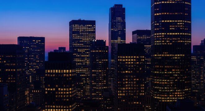 New york city skyline at dusk with illuminated skyscrapers and colorful sky - Powered by Adobe