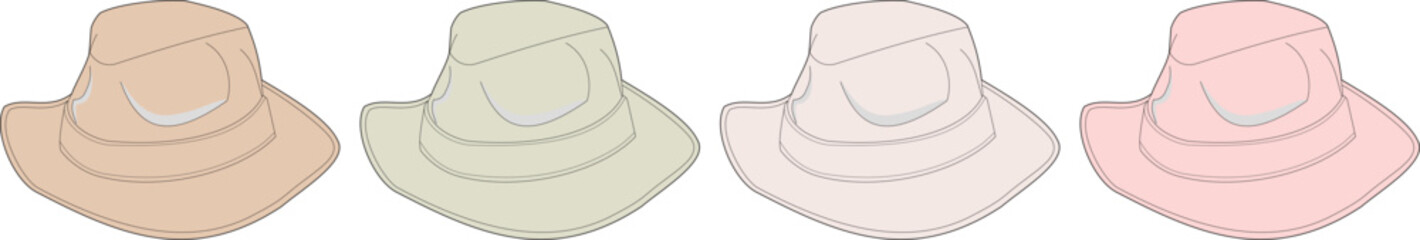 Collection of Four Sun Hats in Various Subtle Pastel Colors, Ideal for Summer Fashion and Outdoor Activities