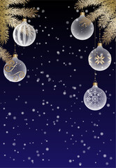 雪と透明感のあるクリスマスオーナメントの背景イラスト素材 ベクター 夜