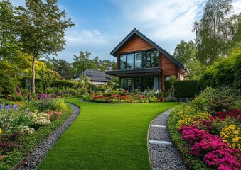 Fototapeta premium A modern house surrounded by a vibrant garden, featuring lush greenery and colorful flowers under a clear blue sky.