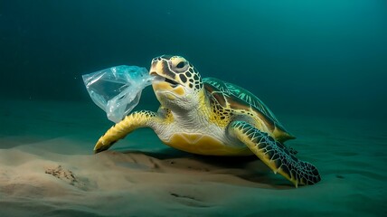 Obraz premium Sea turtle mistaking plastic bag for jellyfish underwater pollution