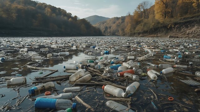 River choked with plastic bottles and debris environmental pollution