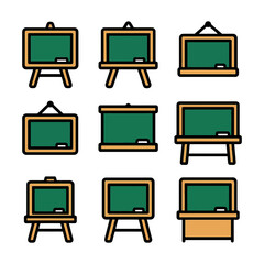 Collection of nine green chalkboard icons featuring different designs and stands.