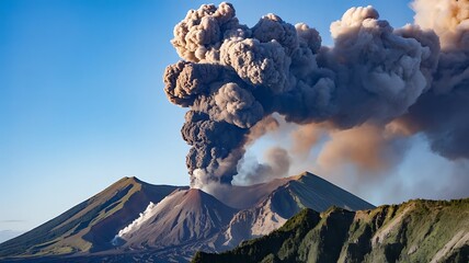 Volcano erupting with a large plume of smoke and ash
