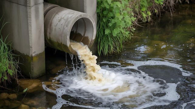 Wastewater flowing from a concrete pipe into a river causing pollution
