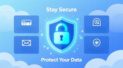 "Stay Secure, Protect Your Data" graphic with a glowing shield icon, ideal for cybersecurity awareness campaigns or tech presentations.