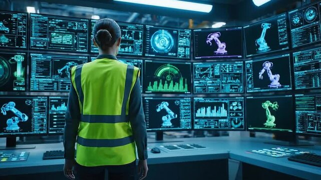 Factory Worker Monitoring Automated Robotic Arms and Data on Multiple Screens in a Control Room Setting With High Tech and Modern