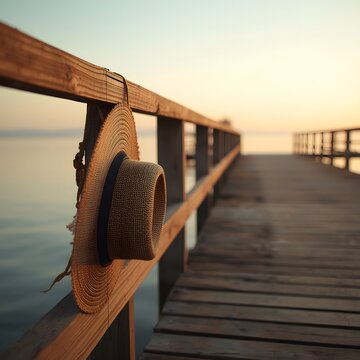 Summer&rsquo;s Echo, Faded Straw Hat Hanging on an Empty Pier at Sunset, Warm Golden Light and Calm Sea, Nostalgic and Minimal Seaside Scene