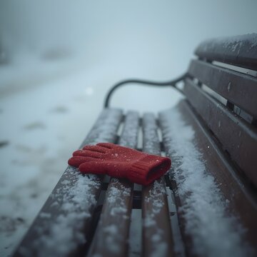 Winter&rsquo;s Memory, Forgotten Red Glove on a Snow-Covered Bench in a Quiet Park, Misty Morning Light, Emotional and Minimalist Winter Scene
