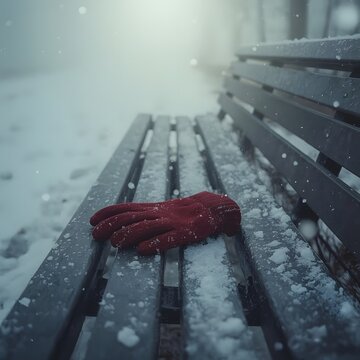Winter&rsquo;s Memory, Forgotten Red Glove on a Snow-Covered Bench in a Quiet Park, Misty Morning Light, Emotional and Minimalist Winter Scene
