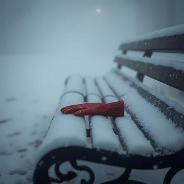 Winter&rsquo;s Memory, Forgotten Red Glove on a Snow-Covered Bench in a Quiet Park, Misty Morning Light, Emotional and Minimalist Winter Scene
