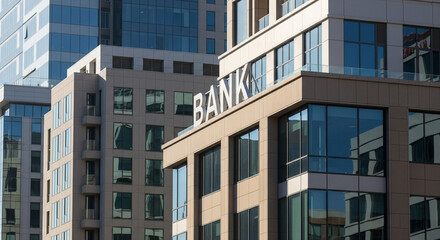 Fototapeta premium Modern bank building exterior with the word BANK on the facade