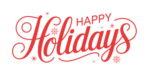 Calligraphic happy holidays text in red with snowflakes and stars on a white background design element
