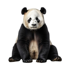 Obraz premium A panda bear sitting upright on a black background looking