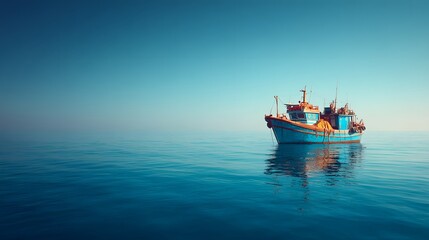 Fototapeta premium Fishing vessel floats calmly upon expansive deep blue ocean water under a bright sky