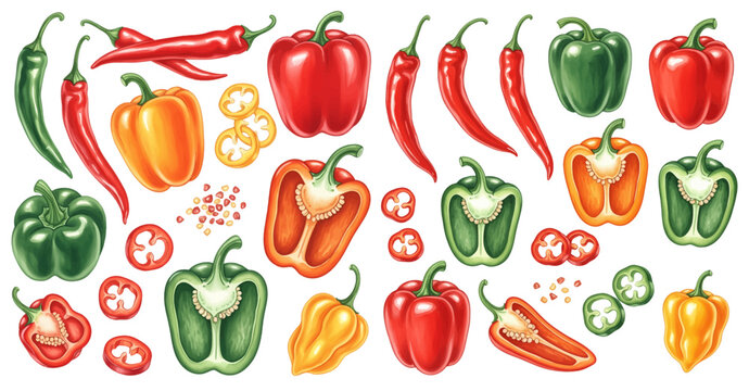 Illustration of various types of chili peppers in different colors and forms, including whole and sliced peppers.
