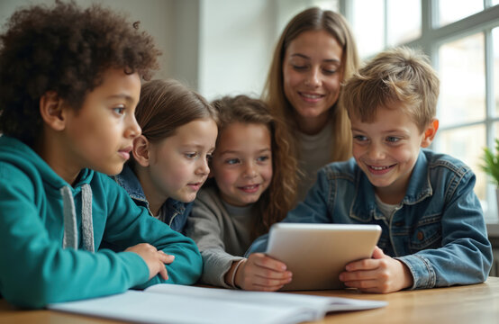 Teacher helps diverse kids learn with tablet. Children use electronic device for education, studying together on lesson. Youngsters engage with tech in classroom, showing interest in app.
