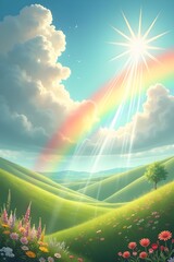 AI Generative. Vibrant Meadow with Wildflowers Under a Bright Sky and Colorful Rainbow. 10