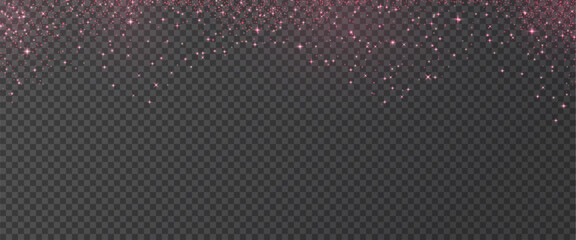 Rose gold glitter background. Shimmer pink golden spray effect for Christmas celebration banners. Festive particles border isolated on dark background. Vector xmas overlay illustration.
