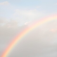 AI Generative. Subtle Pastel Rainbow Arc Across a Soft, Pale Blue Sky with Light Clouds. 1