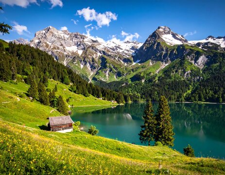 Picturesque alpine lake with snow-capped mountains and lush greenery - Powered by Adobe