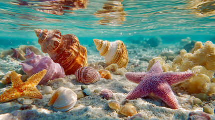 Colorful underwater scene with shells and coral