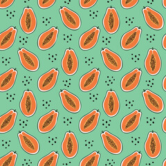 Mint green seamless pattern with hand drawn papaya halves