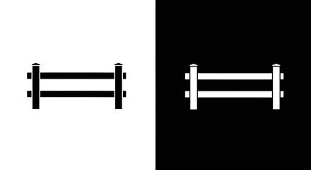 A minimalist graphic icon of a two-rail wooden fence section, presented in black on white and white on black.