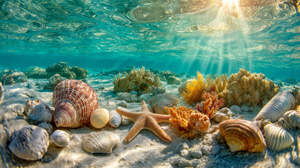 Vibrant marine life in a sunny underwater scene