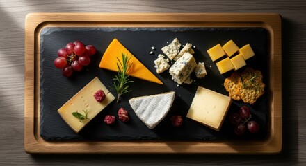 Assorted cheese platter with grapes and crackers on slate serving board
