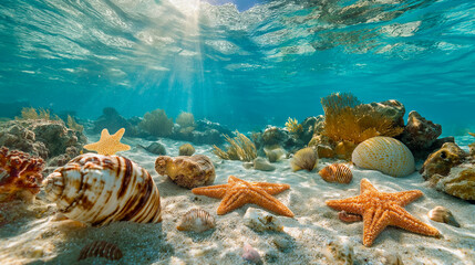 Colorful underwater scene with shells and coral