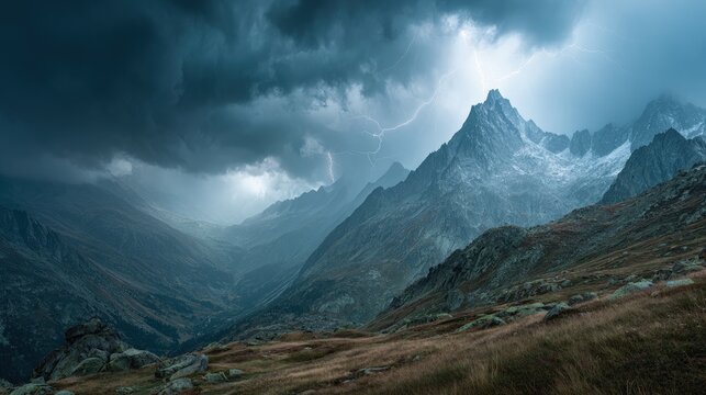 Stormy mountain landscape dark clouds over towering peaks lightning strikes moody and powerful dynamic composition