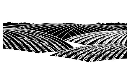 A black and white graphic illustration of rolling farm fields with contoured rows of crops.