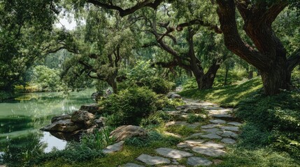 Serene Park Landscape Lush green trees tranquil lake stone pathway winding through foliage