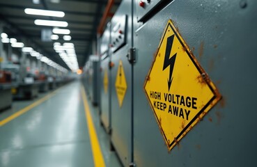 Yellow diamond high voltage warning sign on grey industrial electrical panel. Factory floor with machinery and lights in background. Safety alert for high power.