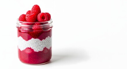 Delicious raspberry chia seed pudding in a jar for healthy eating and lifestyle promotion this summer season