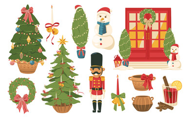 Christmas trees with garlands, balls and toys Decorations Set. Vector Christmas trees Winter Holidays Celebration Festive Season Elements Collection.