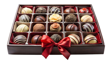 Variety of chocolate truffles in a box with red ribbon isolated on transparent background