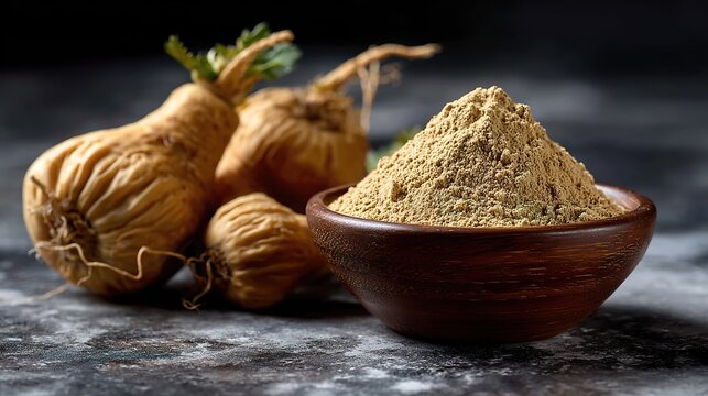 Fresh maca root and powder in wooden bowl healthy food concept