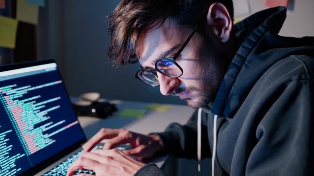 Programmer types code on laptop. Coder reviews lines of programming on screen. Developer focuses on software and code. Computer workstation shows late night work. Engineer focuses on debugging task.