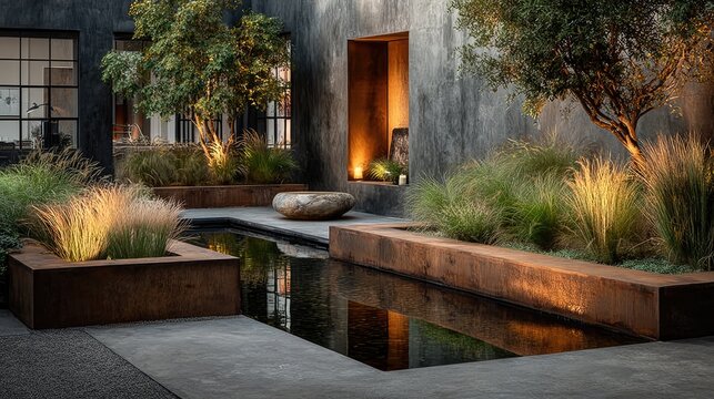 A modern minimalist garden landscape with geometric raised beds ornamental grasses and a still water feature