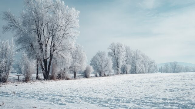 Snow-covered field landscape frosty trees soft winter light peaceful and minimalist cold yet inviting scenery