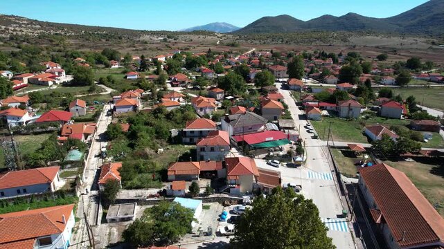 Aerial view of Lekani Kavala Greece, traditional mountain village in rodopi mountains, dilly drone shot