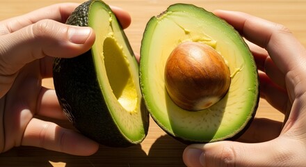 Hands Holding Ripe Avocado Halves with Pit - Healthy Fat