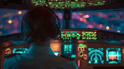 Female pilot wearing headset operates complex instrument panel inside illuminated cockpit during nighttime flight