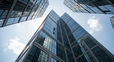 Modern skyscrapers with glass facades reflecting blue sky and clouds