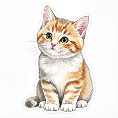 Obraz premium Adorable Calico Kitten with Bright Green Eyes, Hand-Drawn Watercolor Illustration, Cute Pet Art for Cards, Stickers, and Children’s Books