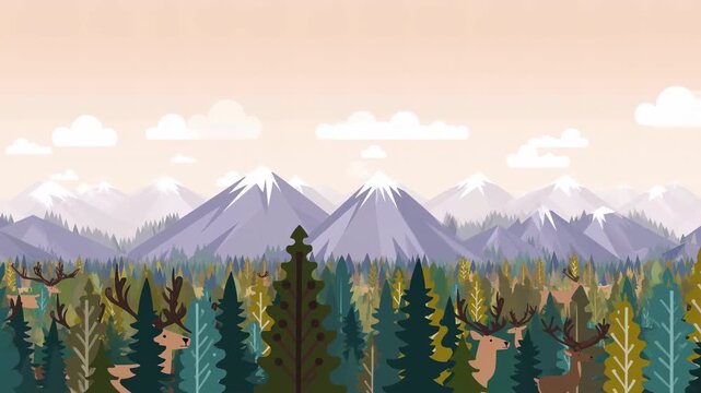 Animated deer herd walking through mountain forest scenery